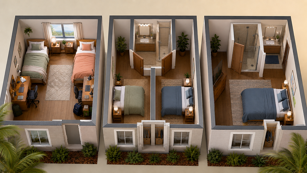Conceptual comparison of a shared bedroom, two private bedrooms sharing one bathroom, and a private bedroom with a private bathroom for Disney College Program housing decisions.