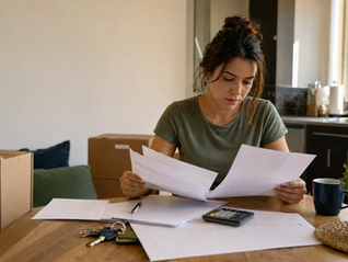 Young Central Florida theme-park employee comparing apartment lease terms and calendar dates at a kitchen table before moving.