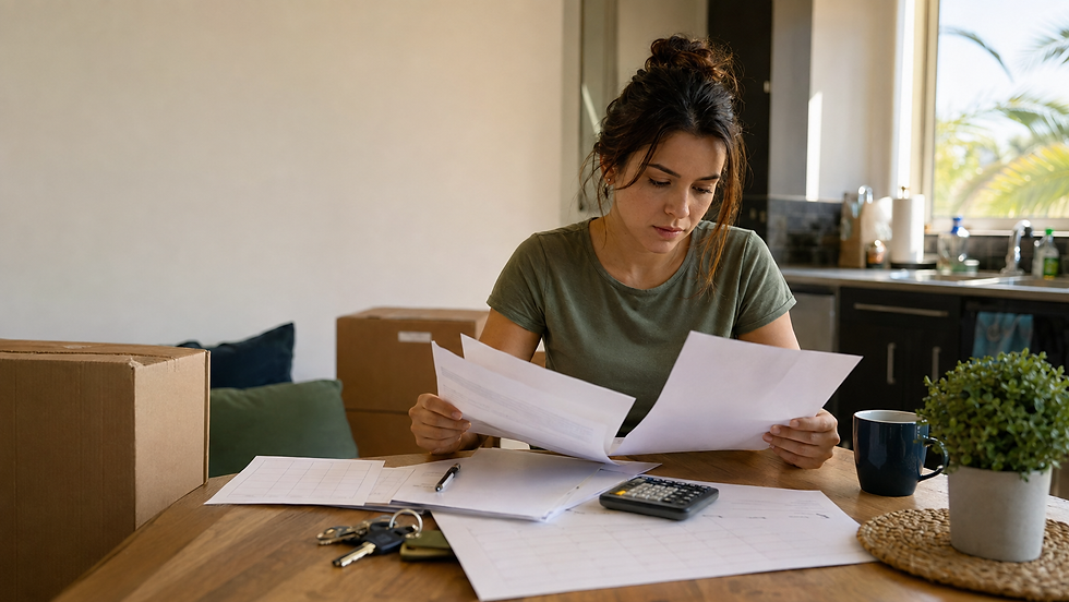 Young Central Florida theme-park employee comparing apartment lease terms and calendar dates at a kitchen table before moving.