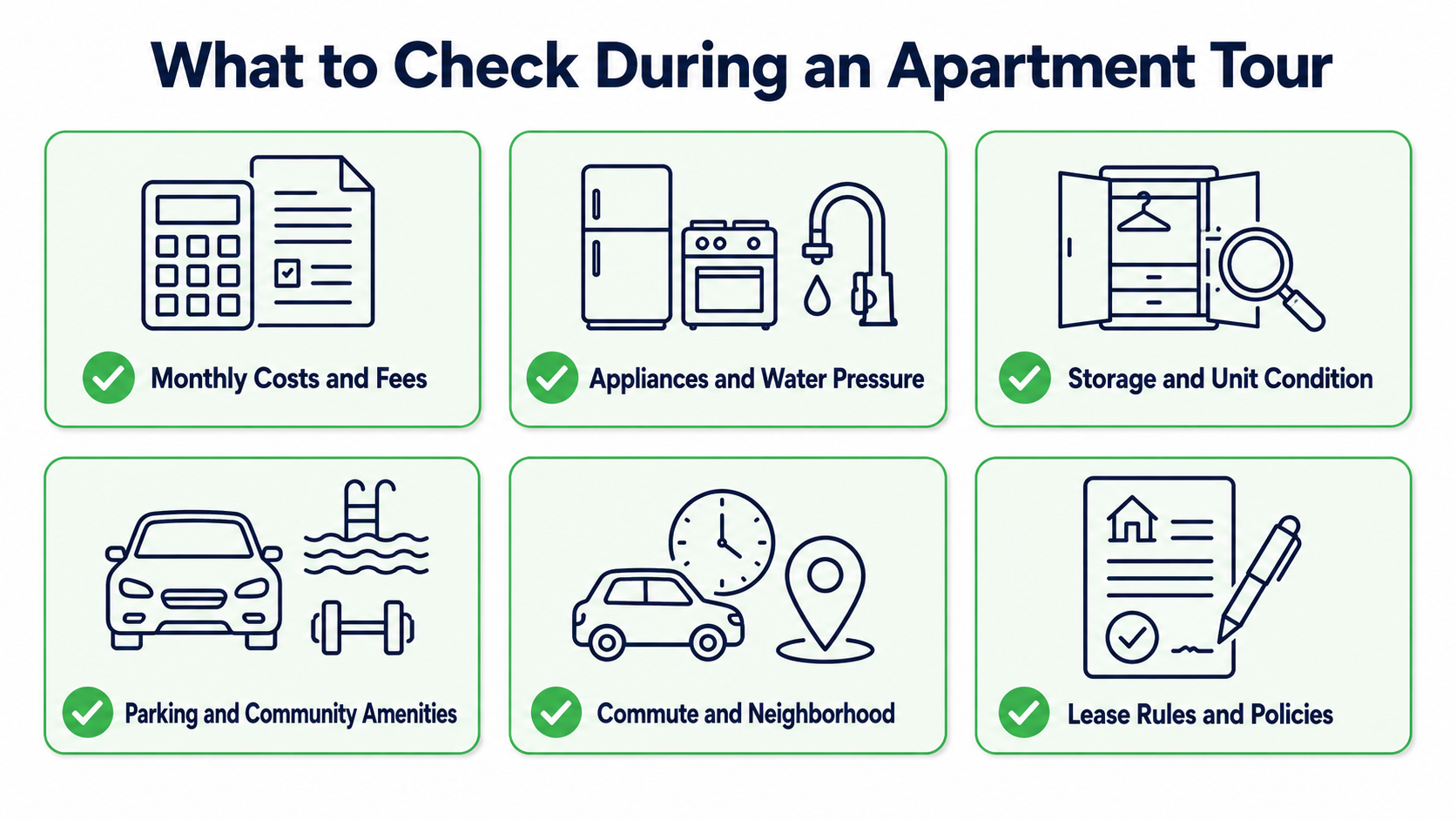 Apartment tour checklist covering monthly costs and fees, appliances and water pressure, storage and unit condition, parking and amenities, commute and neighborhood, and lease rules.