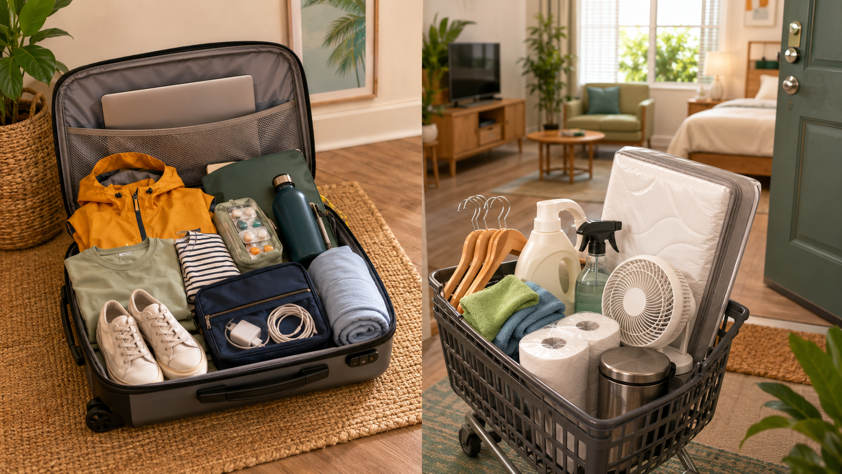 Split editorial image showing travel essentials packed in a suitcase and bulky household supplies bought after arriving at a furnished Disney College Program apartment.
