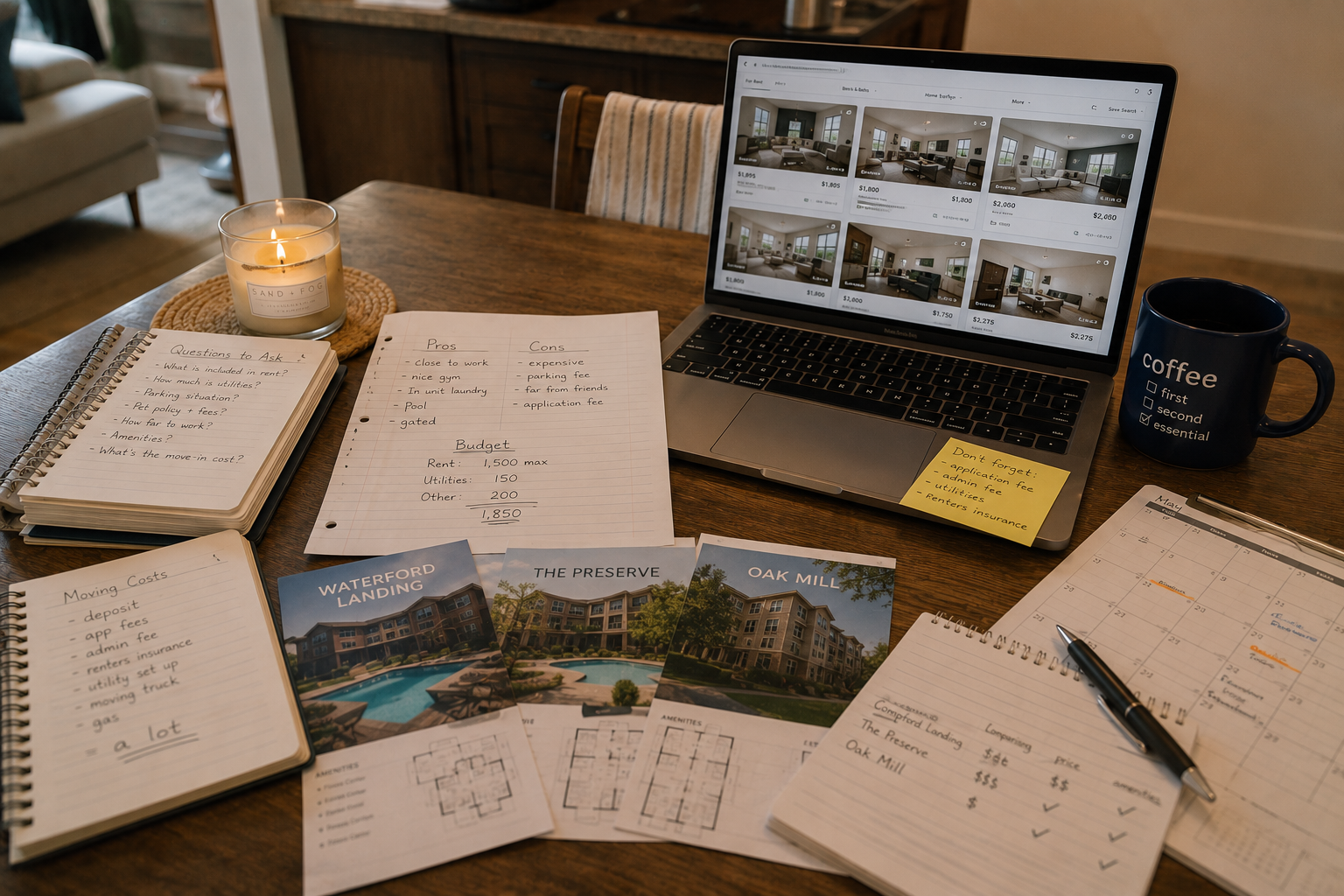 Apartment search workspace with rental listings, comparison notes, and budgeting tools for choosing an apartment in Orlando.