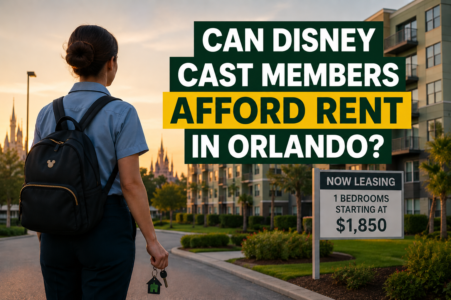 Disney Cast Member walking toward modern Orlando apartments with a leasing sign, highlighting the rising cost of rent for Disney employees.