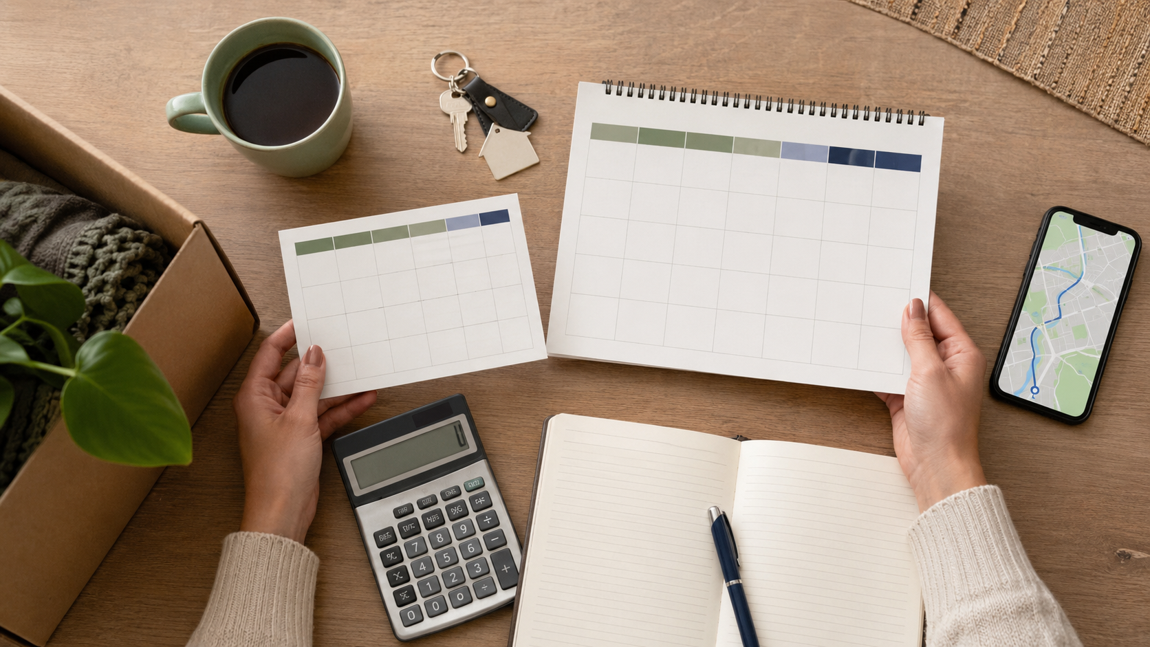 Overhead editorial scene with hands comparing lease calendars, a calculator, apartment keys, a budget notebook and a phone showing an abstract route, with no readable text or logos.