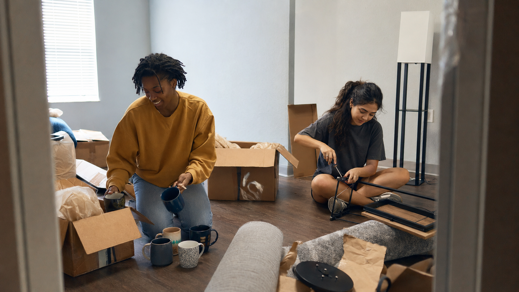 Two roommates unpacking coffee mugs and assembling furniture in their new Orlando apartment