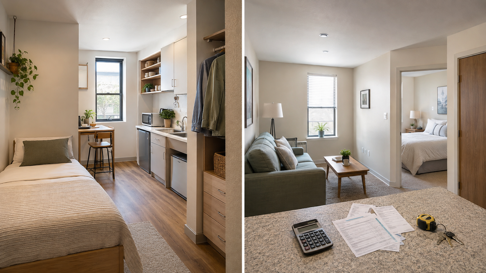 Side-by-side view of a compact all-inclusive studio and a larger one-bedroom apartment with separate utility bills, calculator, tape measure and keys.