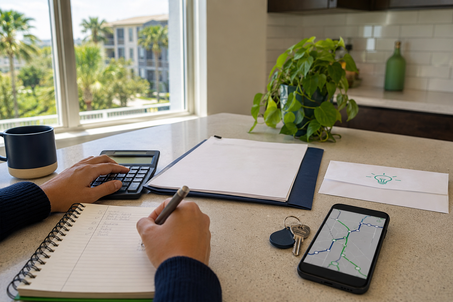 A renter using a calculator to compare a lease, transportation and household costs at an Orlando apartment kitchen counter.
