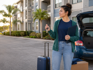 Disney College Program participant holding apartment keys beside a car and moving luggage outside an off-site Central Florida apartment community.