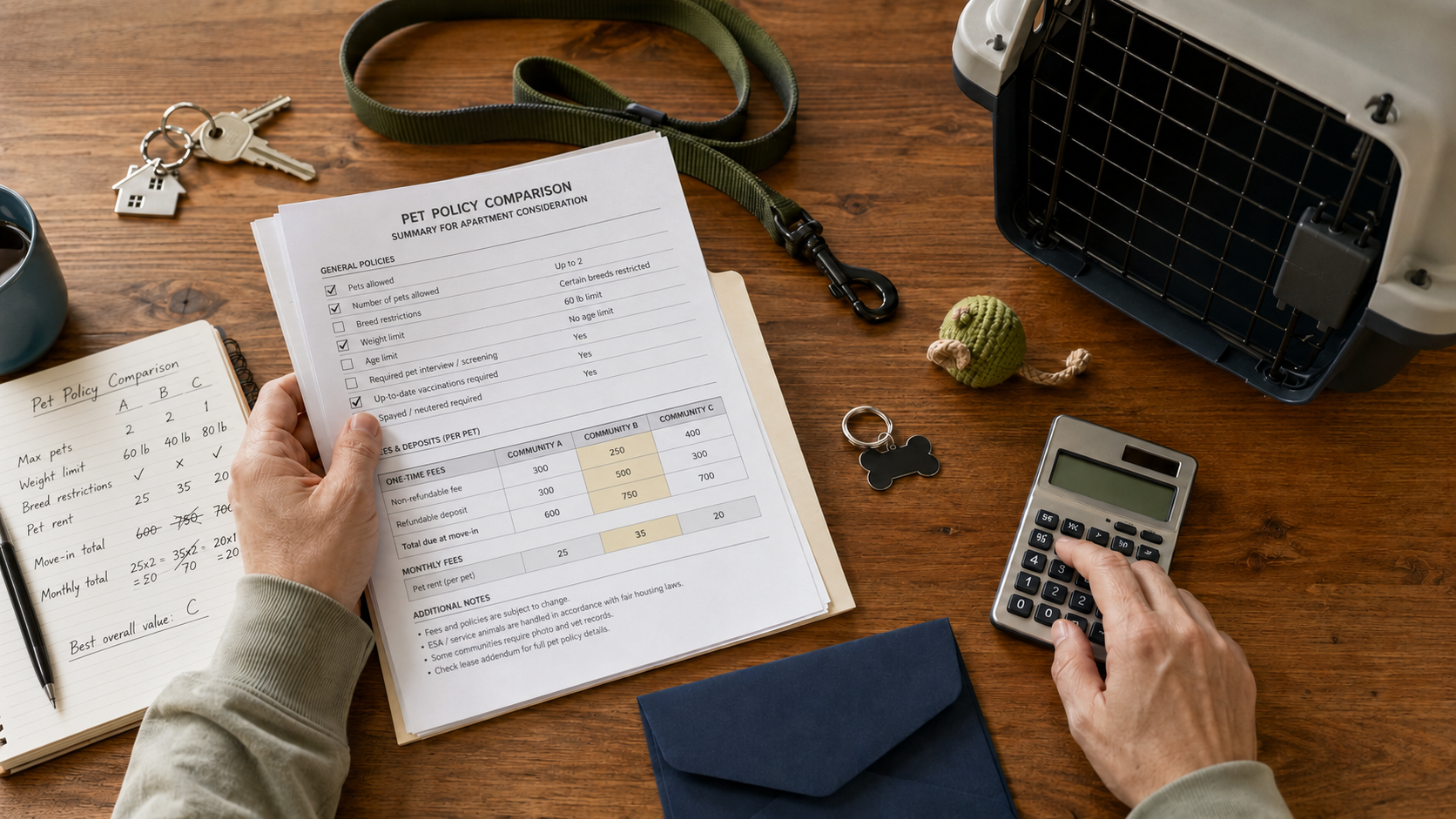Overhead editorial scene with apartment keys, a dog leash, cat carrier, pet-policy paperwork, calculator and budget notebook arranged for a renter comparing pet costs, with no readable text or logos.