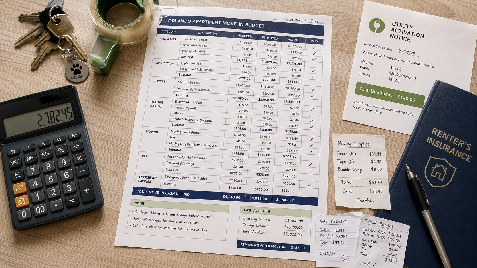 Overhead move-in budget scene with apartment keys, calculator, pet tag, utility notice, moving tape and a fully populated budget worksheet showing clear categories, amounts and checkmarks with no personal information or brand logos.