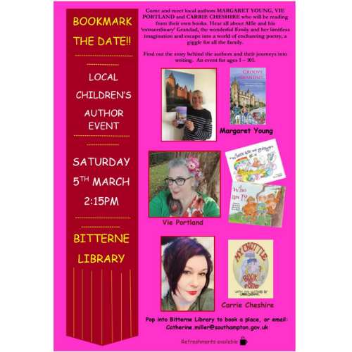Pink coloured poster featuring three authors reading their books at Bitterne Library, Southampton on March 5th.