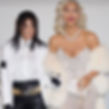 Kourtney and Kim Kardashian dressed as Michael Jackson and Madonna, respectively — Kourtney in a white jacket and black pants, Kim in a sparkling gown and pearls — smiling in a neutral indoor setting.