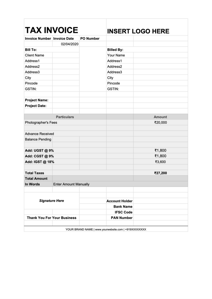 Photographer’s tax Invoice template 2020