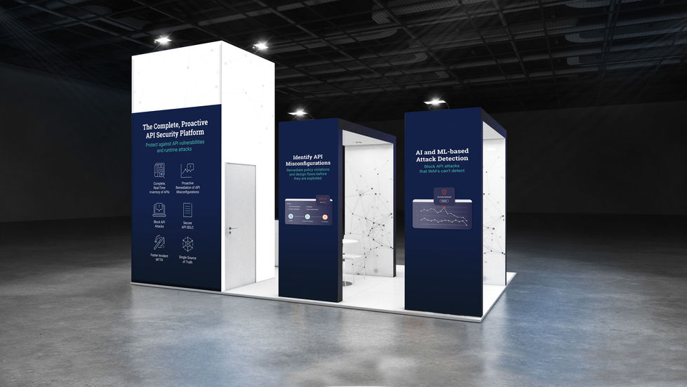Front view of Cybertech Rome booth design with blue and white panels and API platform messaging.