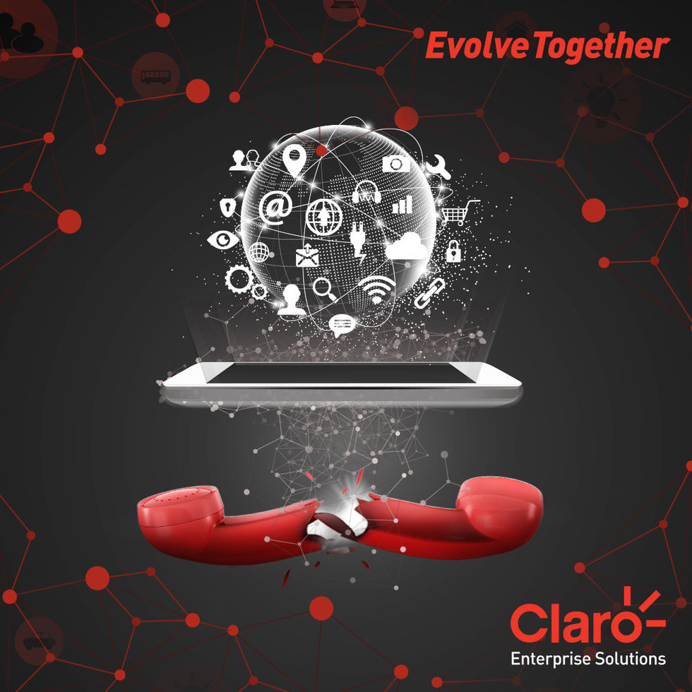 Stylized red and black graphic with coronavirus particles, globe, and #EvolveTogether slogan by Claro.