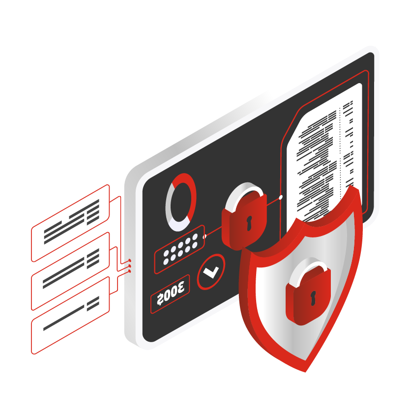3D interface elements showing shield icon, graphs, and secure login panel.