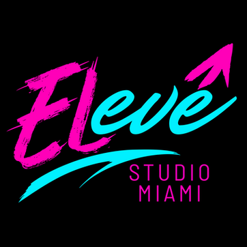 Eleve Studio Miami logo in vibrant neon pink and cyan brushstroke typography on a black background, representing creativity and bold branding.