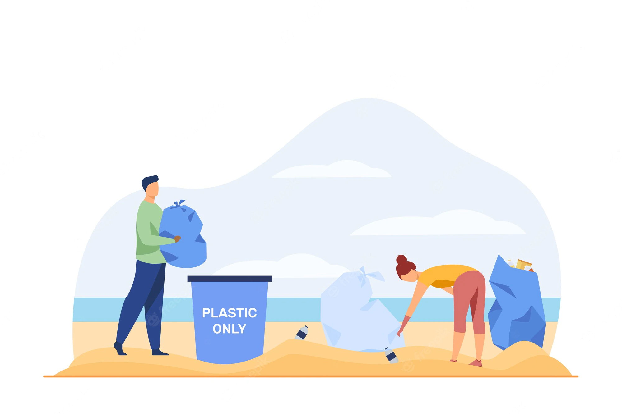 young-people-cleaning-beach-from-garbage-activist-eco-plastic-flat-vector-illustration-eco