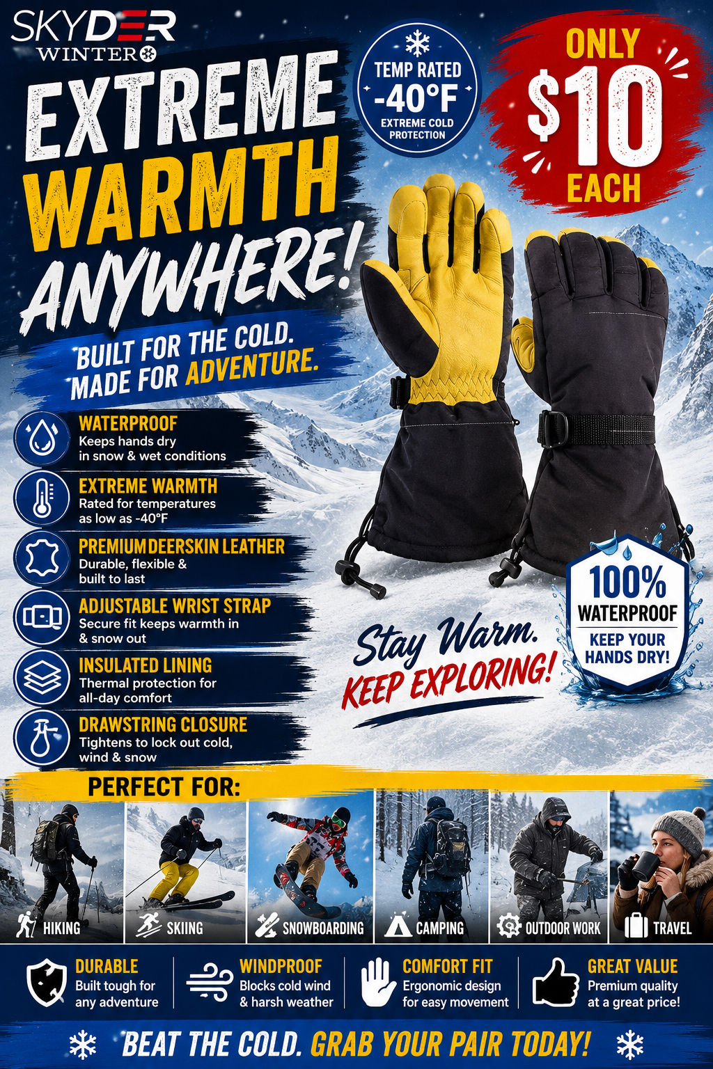 Skyder Waterproof Winter Gloves – Extreme Cold Weather Gloves