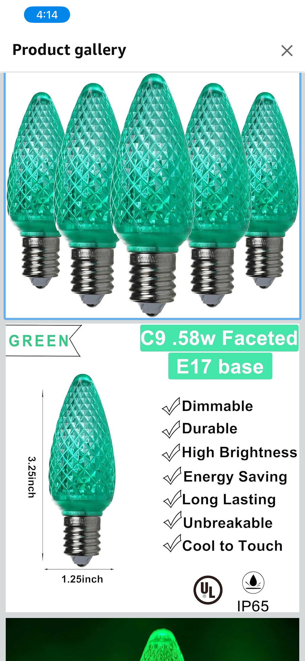 Thumbnail: UL Listed Set of 25 C7 Green LED Christmas Lights Replacement Bulbs, Dimmable Hi