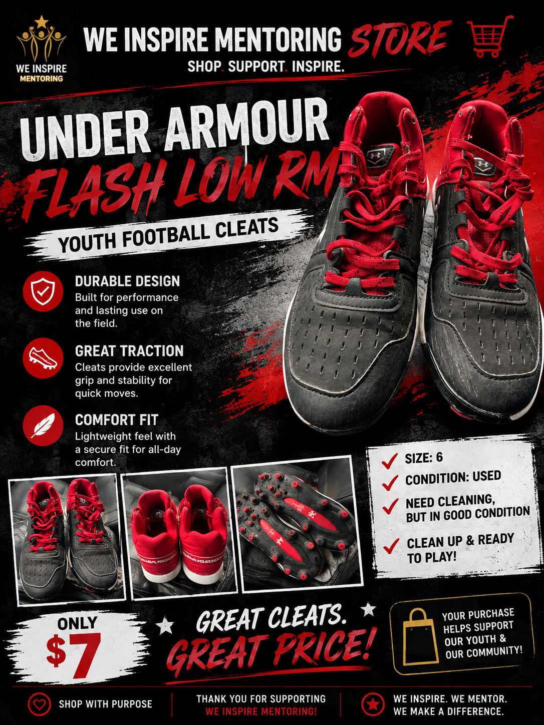 Under Armour Red & Black Youth Football Cleats – Size 6