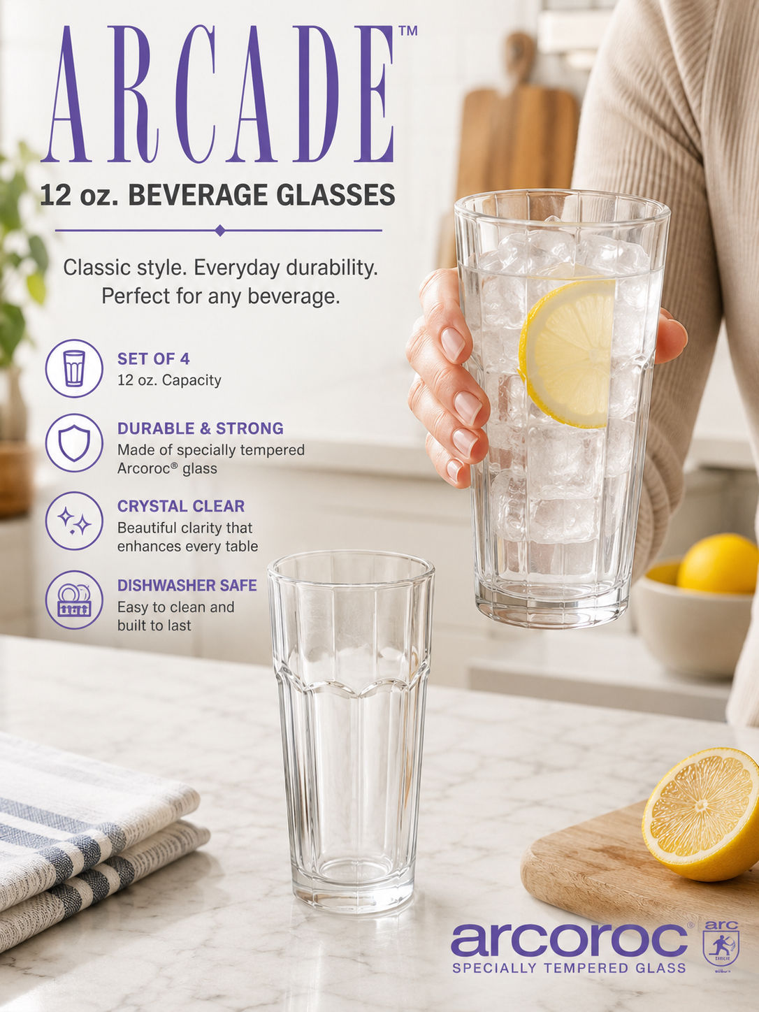 Arcade by Arcoroc 12 oz Beverage Glasses – Set of 4 