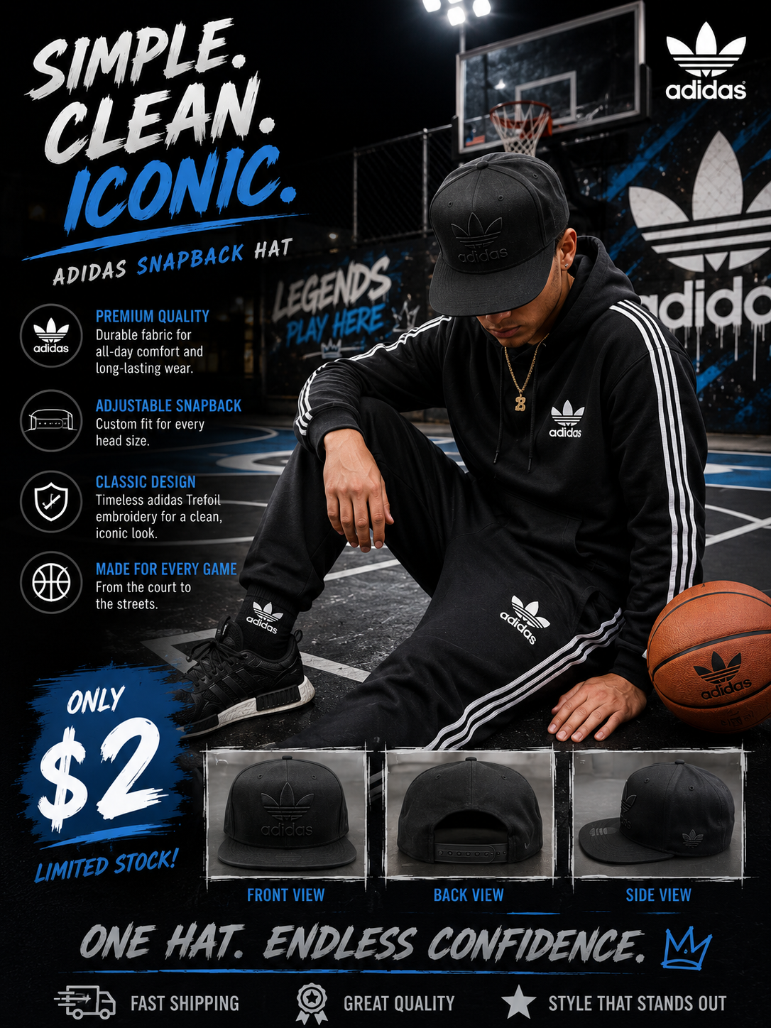adidas Black Snapback Hat – Trefoil Logo