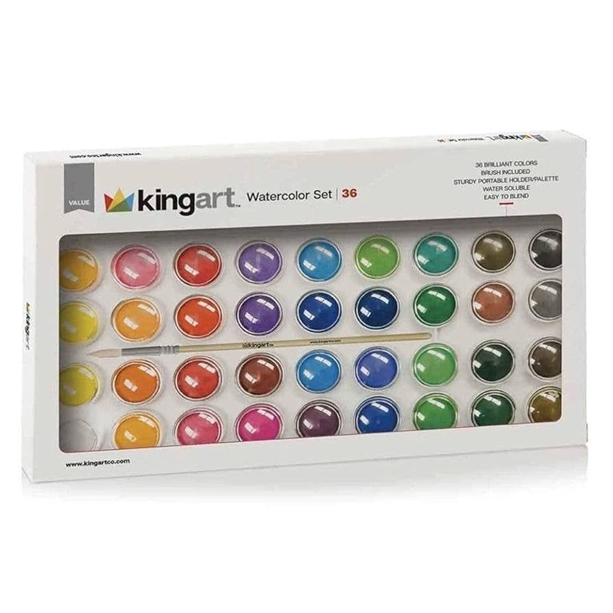 KINGART 511-36 W/Brush, Set of 36 Watercolor Paint Set, Assorted 36 Piece 