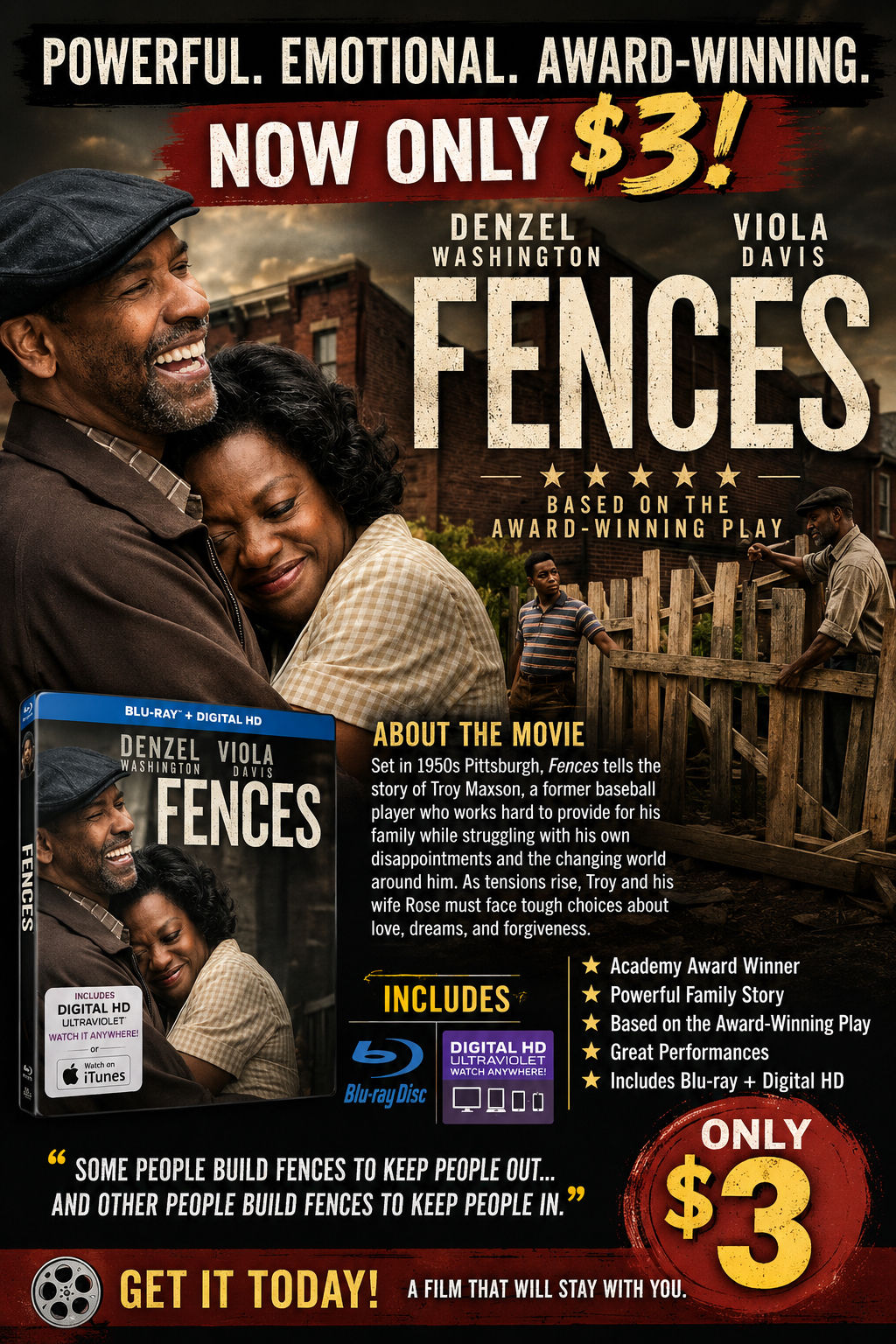 FENCES (Blu-ray + Digital HD) — ONLY $3! 🎬