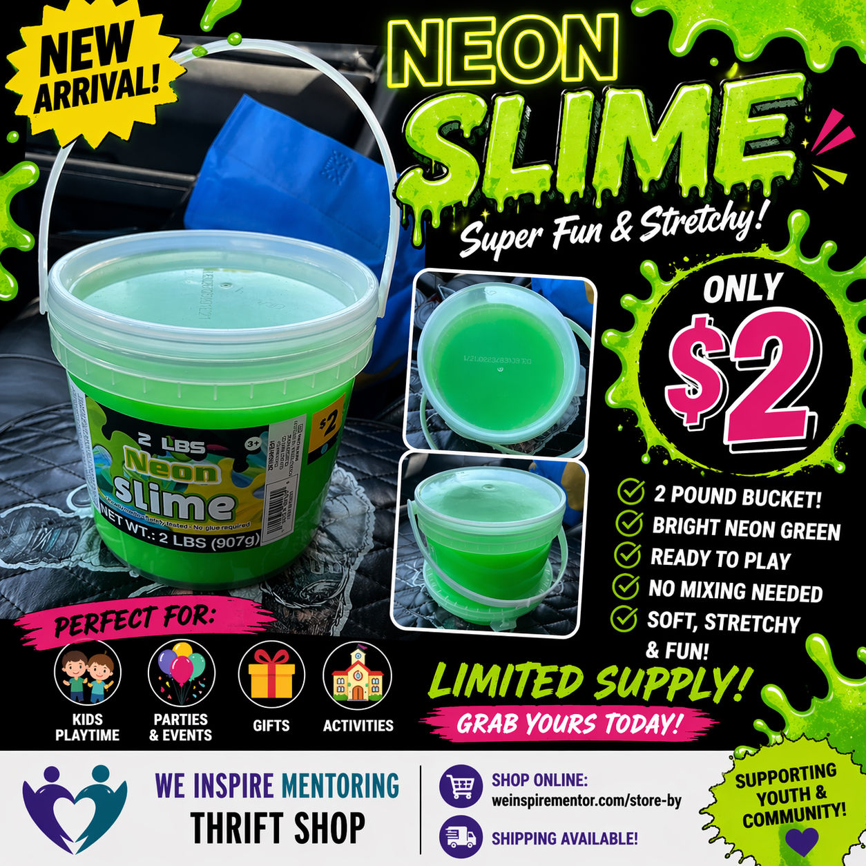 Neon Green Slime Bucket – 2 LB (Ready to Play!)