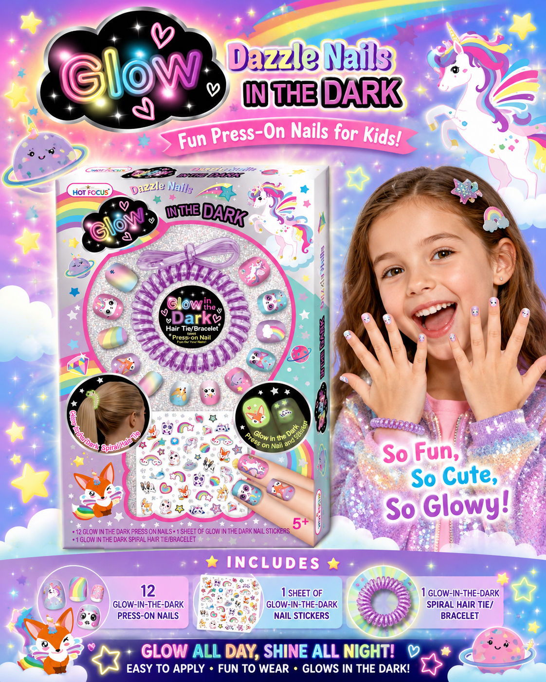 Glow Dazzle Nails in the Dark – Kids Press-On Nail Set