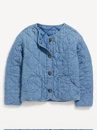 Collarless Quilted Chambray Button-Front Jacket for Girls youth small 