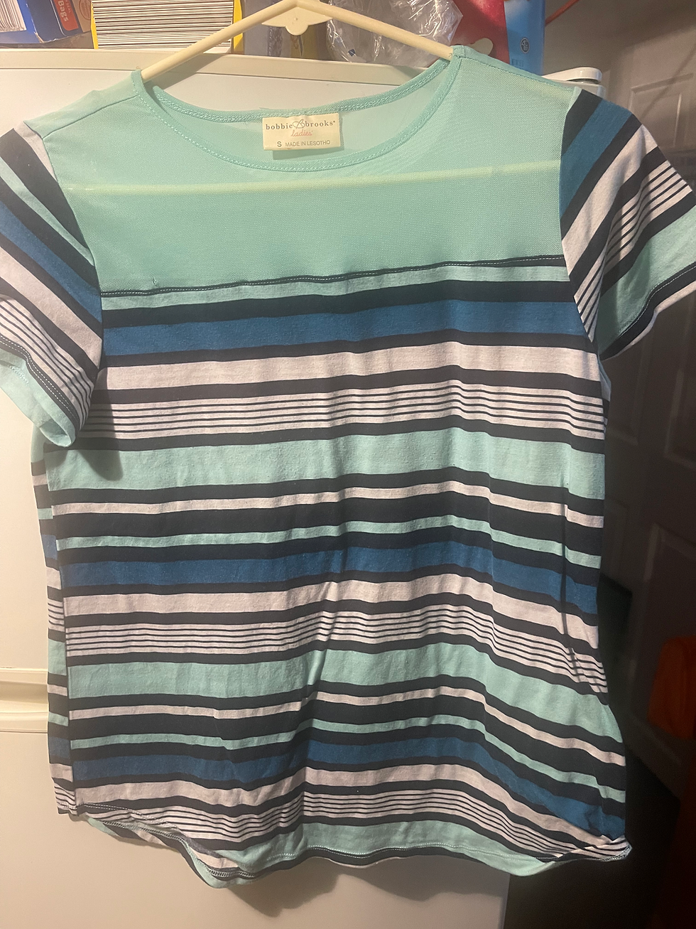 Thumbnail: NWT Bobbie Brooks ladies white and blues striped short sleeved top