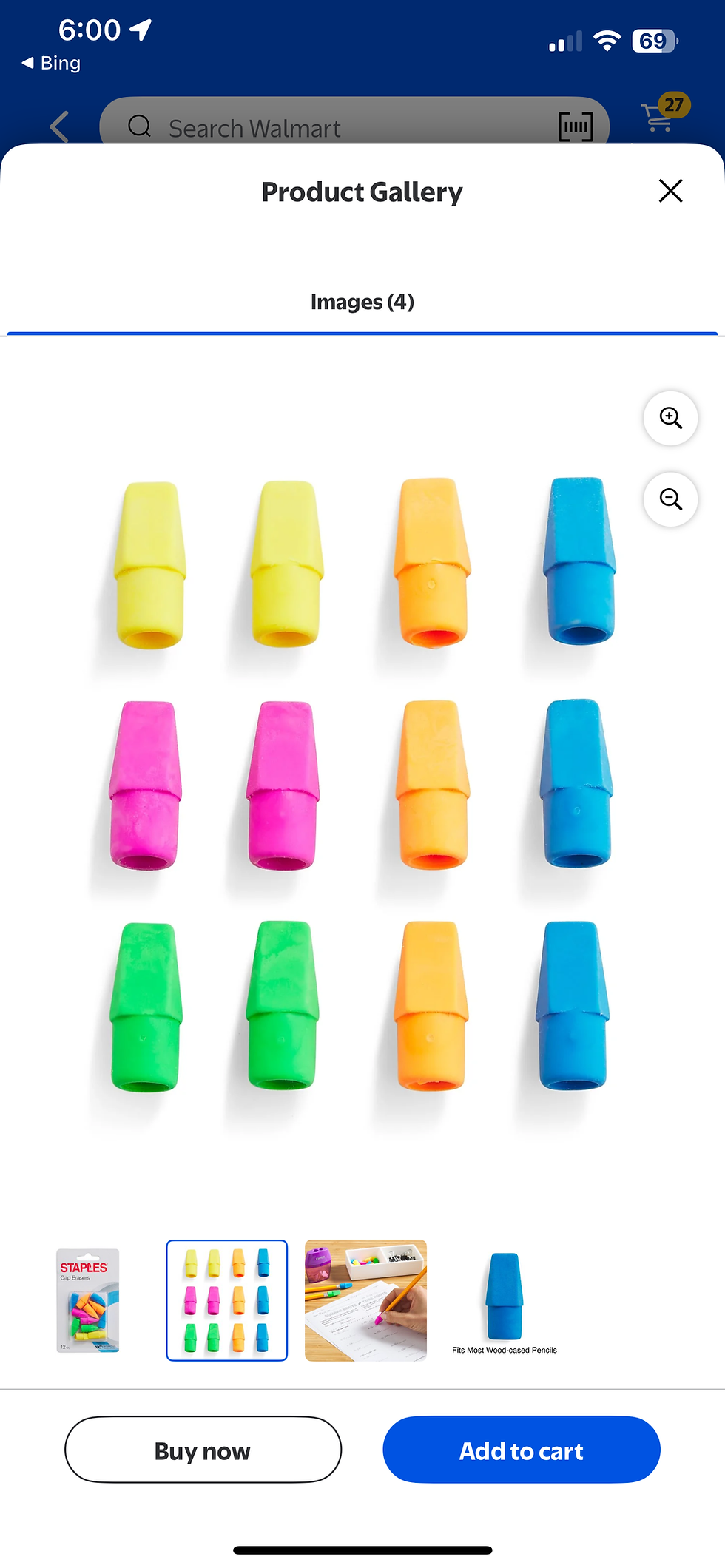 Thumbnail: Staples Erasers Assorted Colors Dozen (771352)