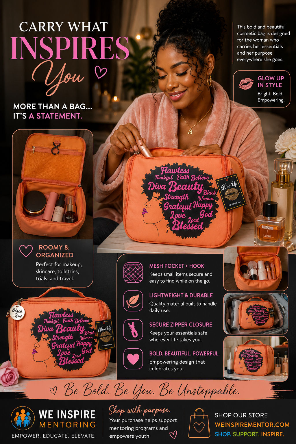 Glow Up Diva Beauty Cosmetic Bag – Inspirational Travel Makeup Organizer