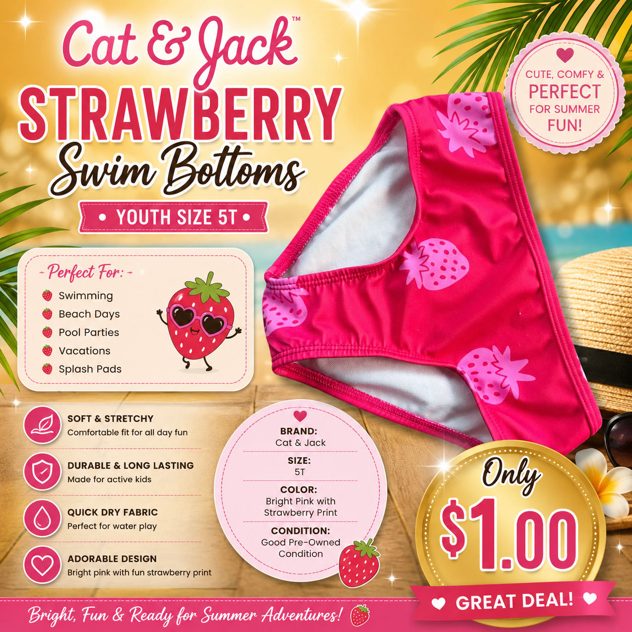 Cat & Jack Strawberry Swim Bottoms – Youth Size 5T 🍓