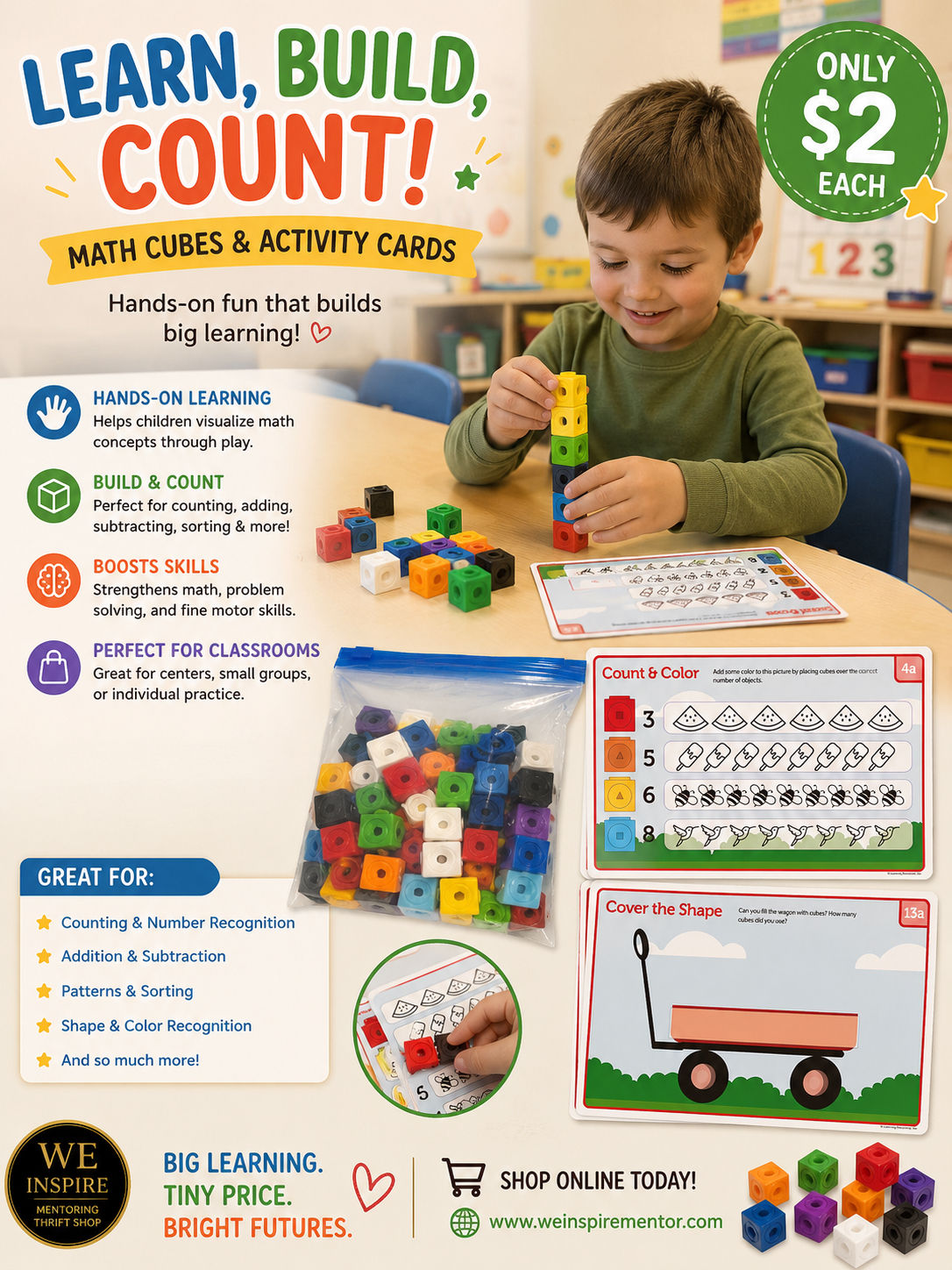 Colorful Math Cubes & Learning Activity Cards Set