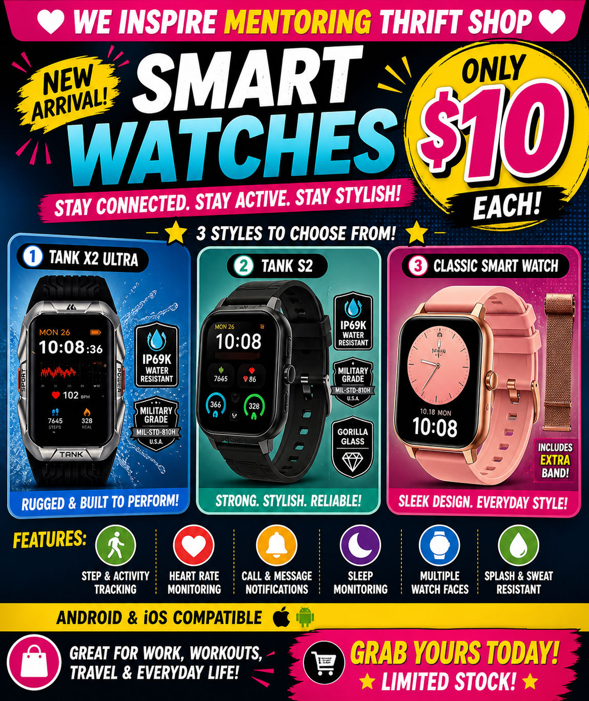 Smart Watch Fitness Tracker (3 Styles Available – Touchscreen & Bluetooth)