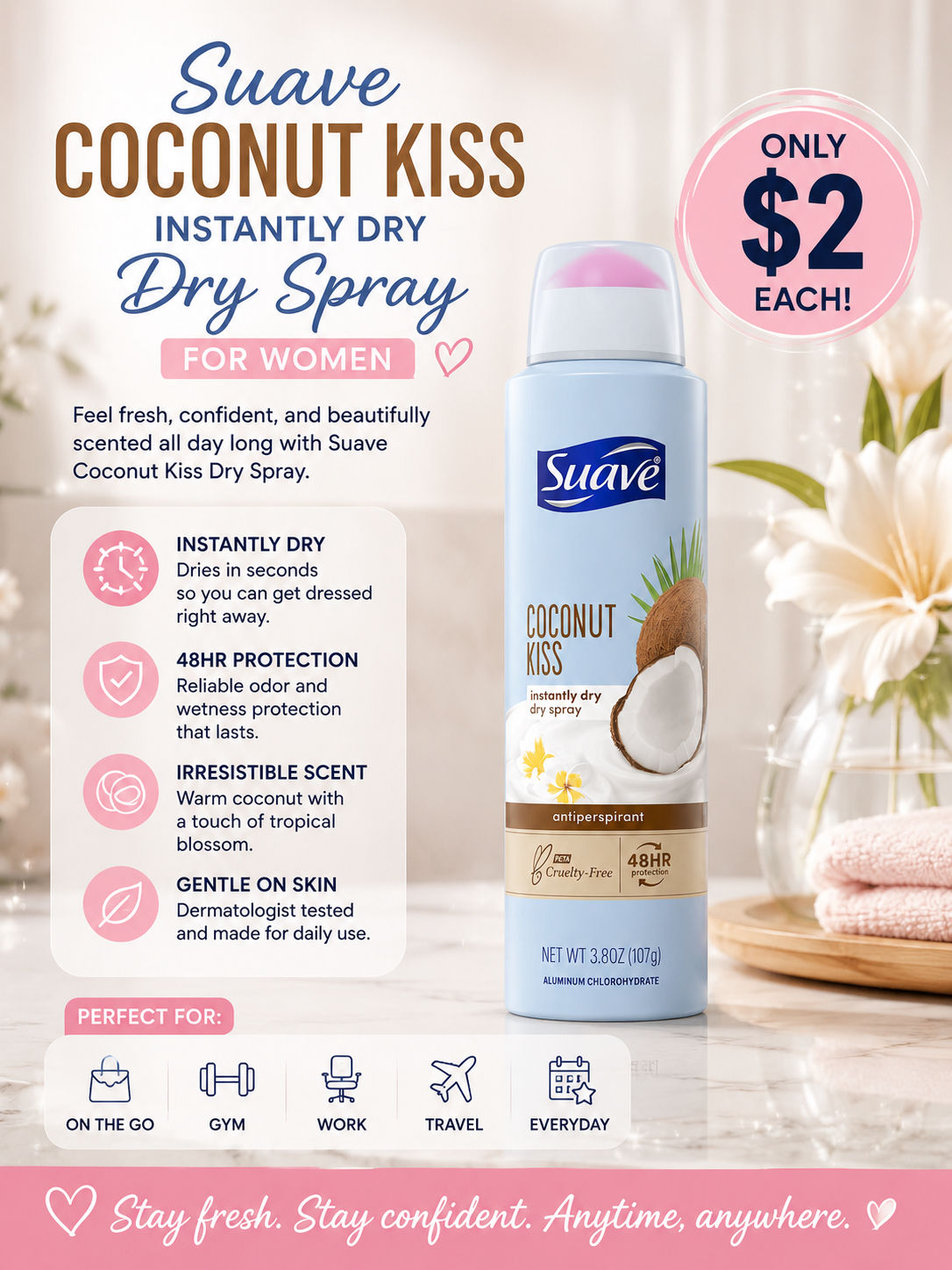 Suave Coconut Kiss Instantly Dry Spray 💲 Only $2 Each  Stay fresh and confident