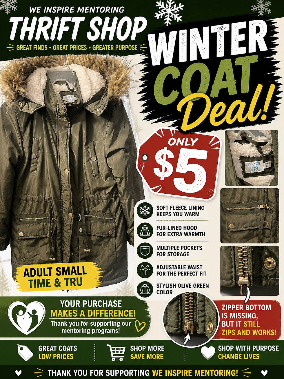 Thumbnail: Adult Winter Coat – Fur Hood (Size Small)