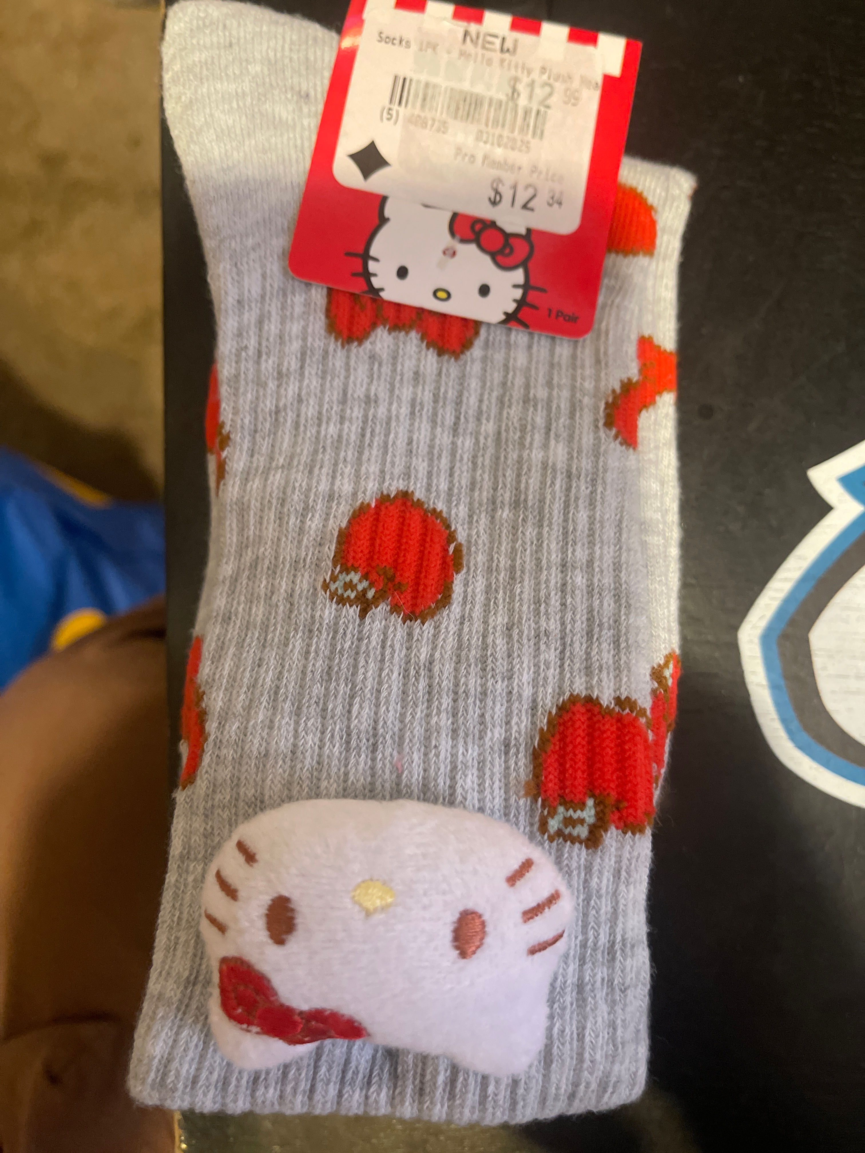 Hello Kitty Fuzzy Crew Socks β Gray Apple Design (1 Pair)