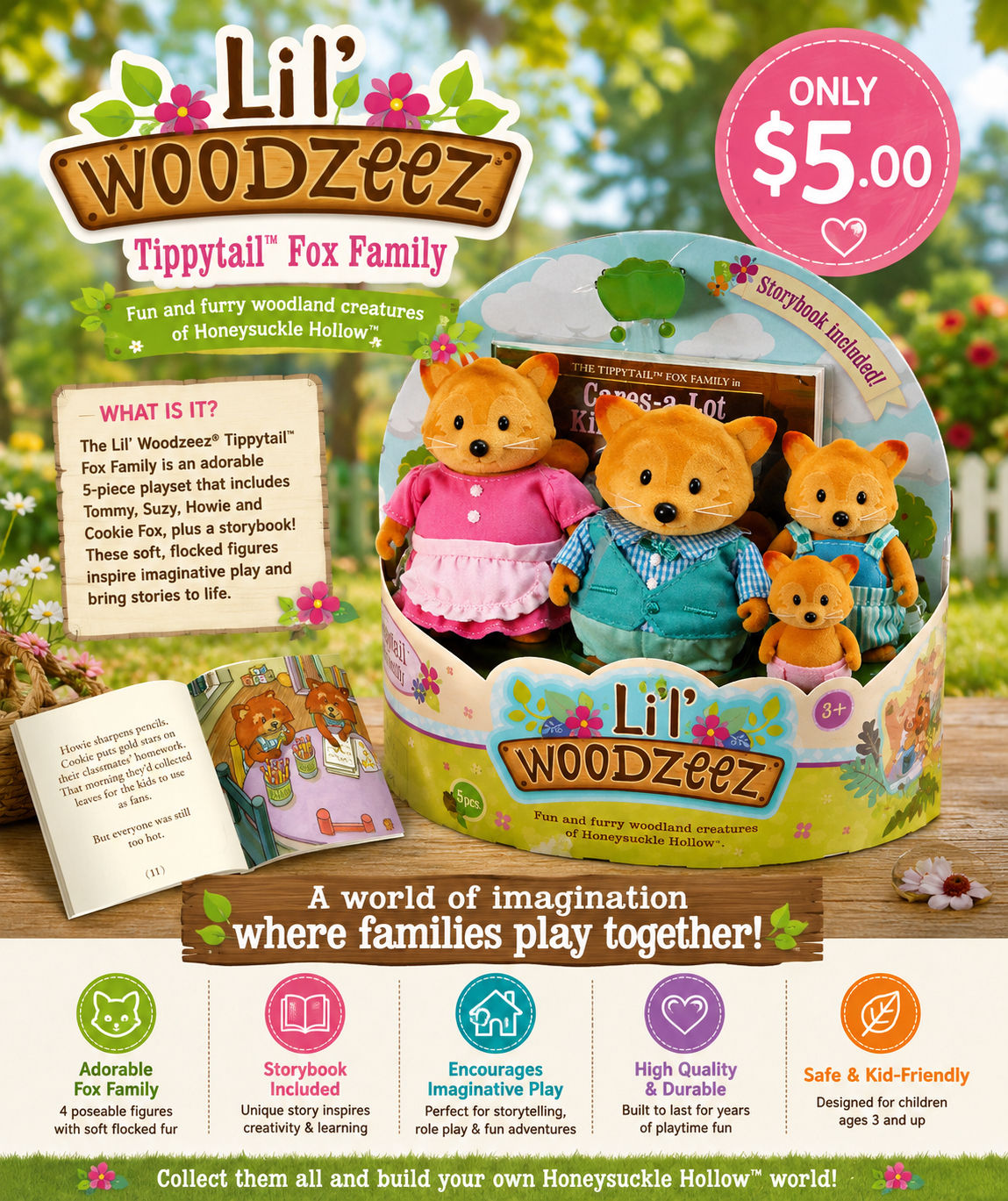 Lil’ Woodzeez® Tippytail Fox Family with Storybook