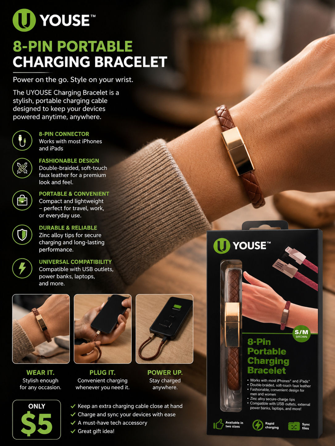 UYOUSE 8-Pin Portable Charging Bracelet – Brown (S/M) – $5