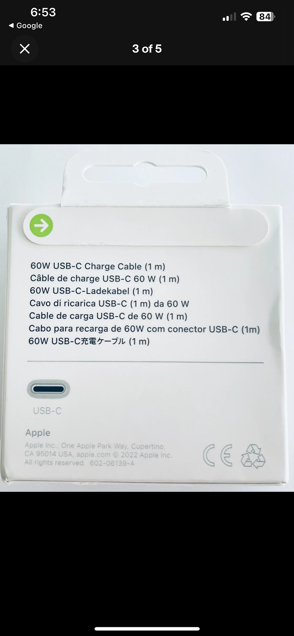 Thumbnail: Genuine Apple 60W USB-C Charge Cable, 1m, Woven Braided White Cord ON