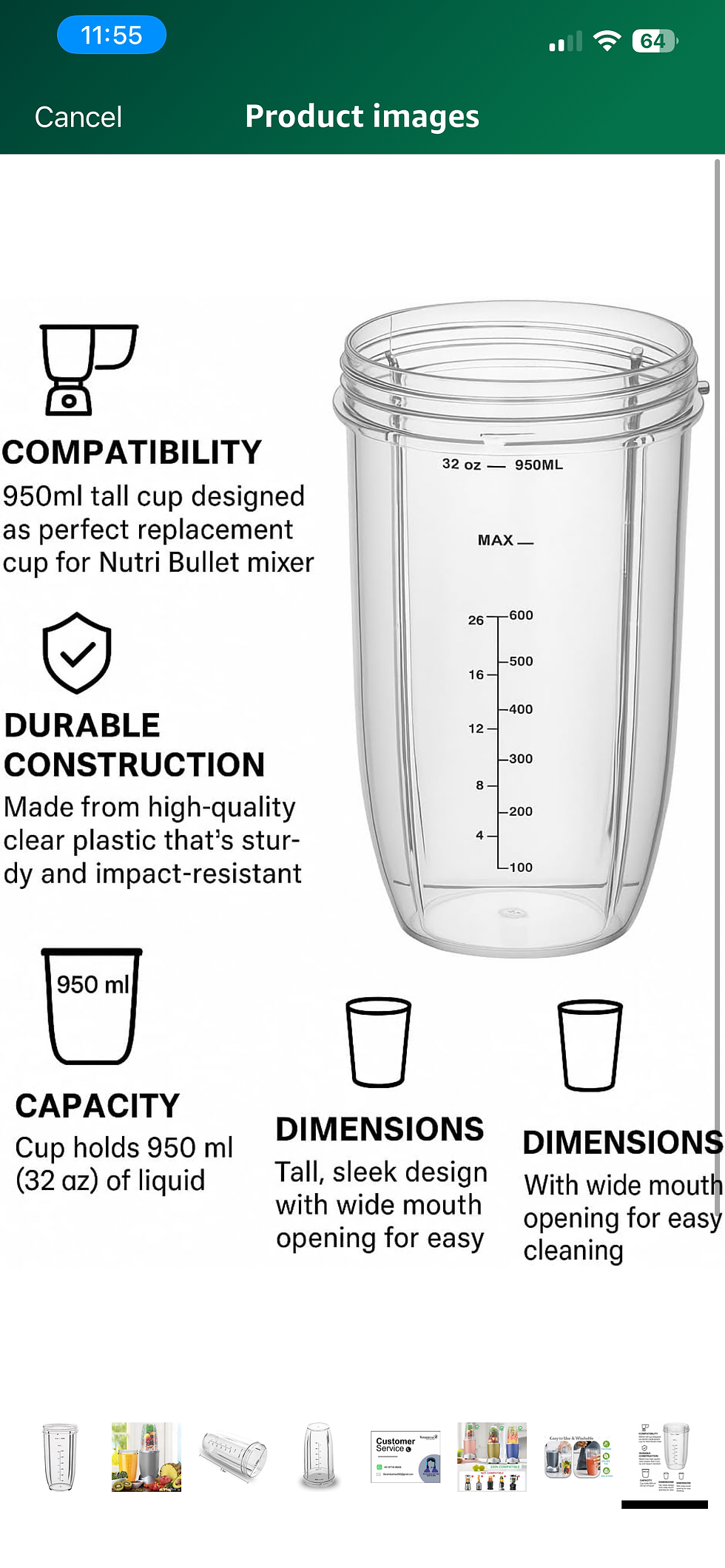 Thumbnail: Wonder star Cup compatible for Nutri-bullet Replacement Parts 32oz for Nutri Bul