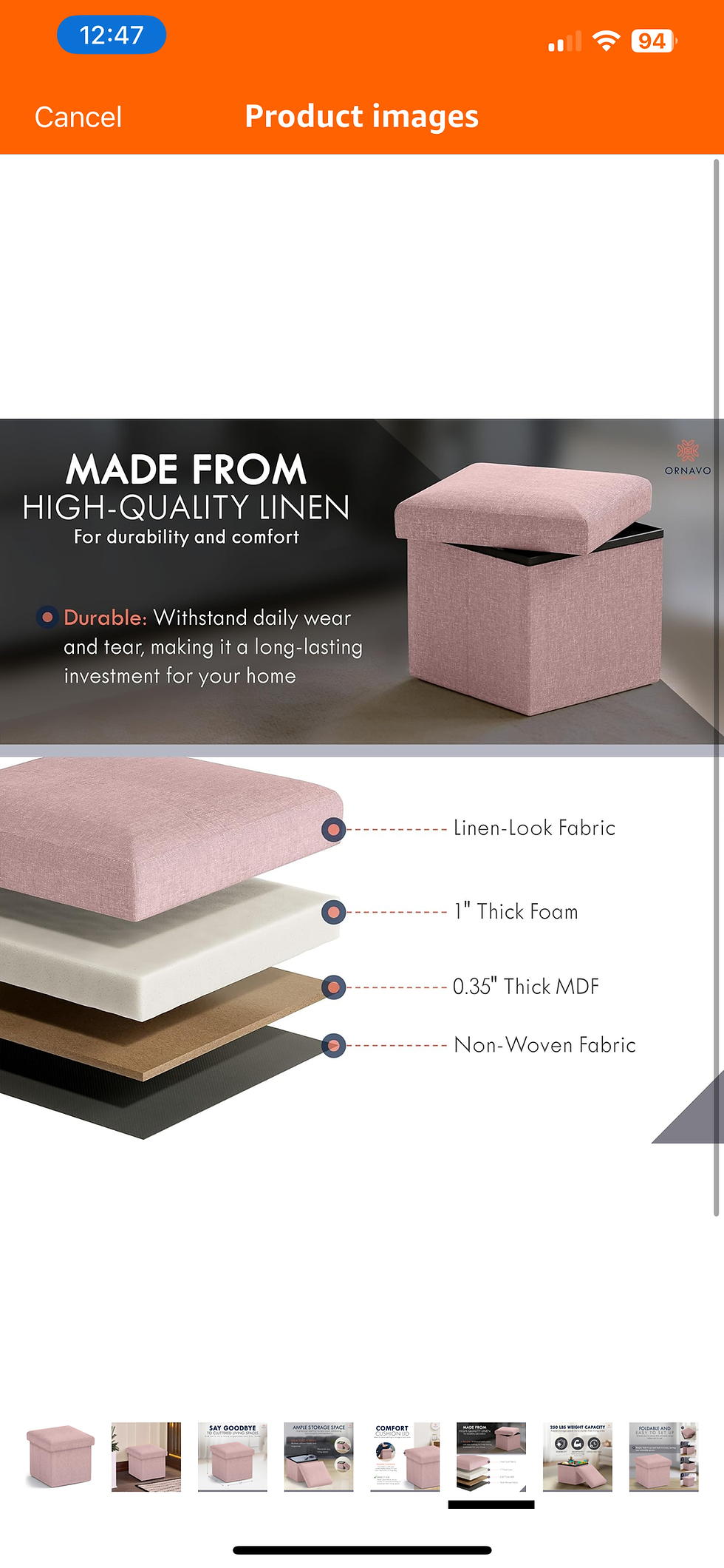 Thumbnail: Ornavo Home Small Storage Ottoman Foldable Collapsible Cube Square Linen Ottoman