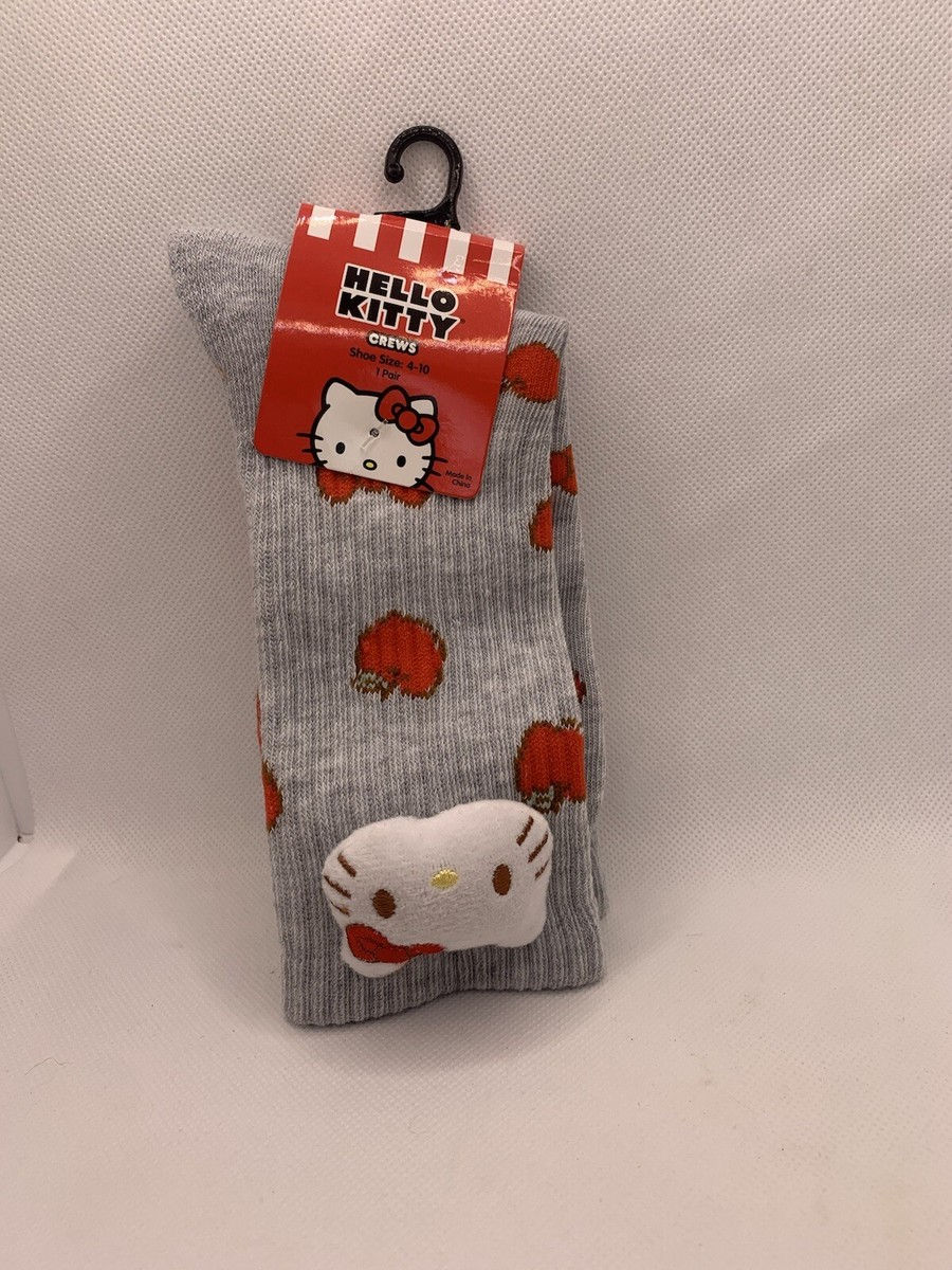 Thumbnail: Hello Kitty Fuzzy Crew Socks – Gray Apple Design (1 Pair)