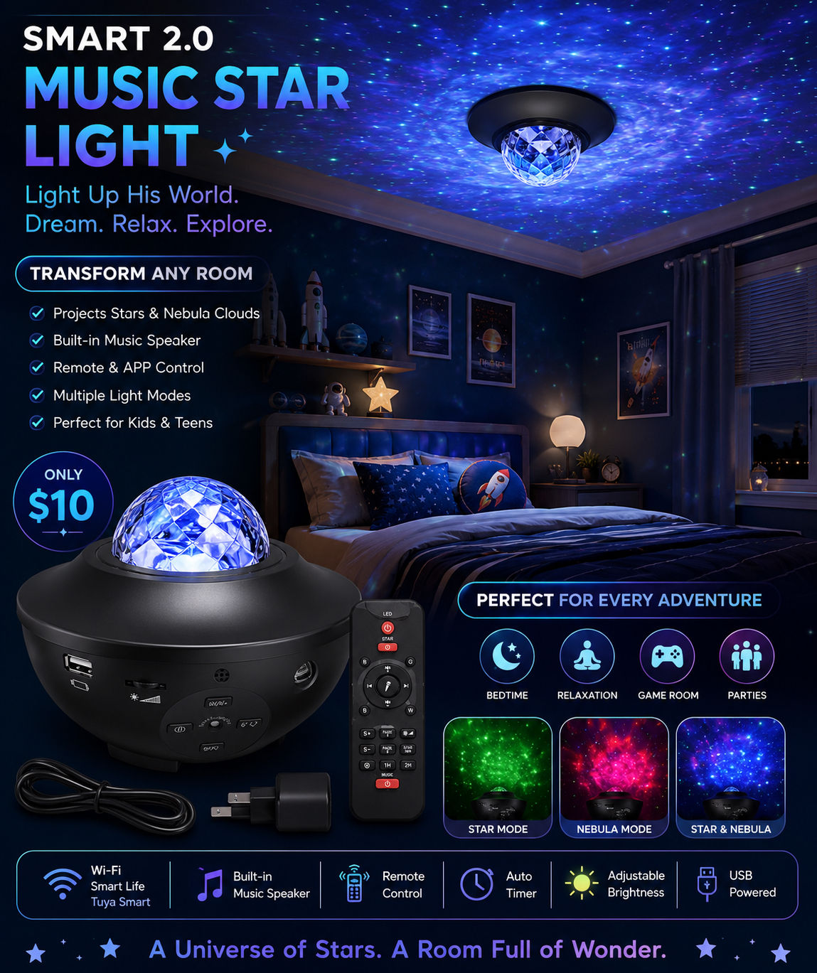 Smart 2.0 Music Star Light Projector – Wi-Fi & App Controlled ✨🌌