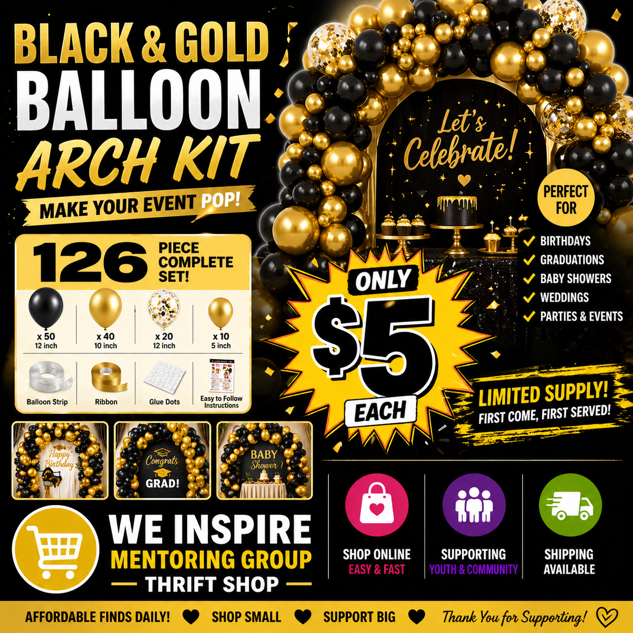 🖤✨ BLACK & GOLD BALLOON ARCH KIT ✨🖤