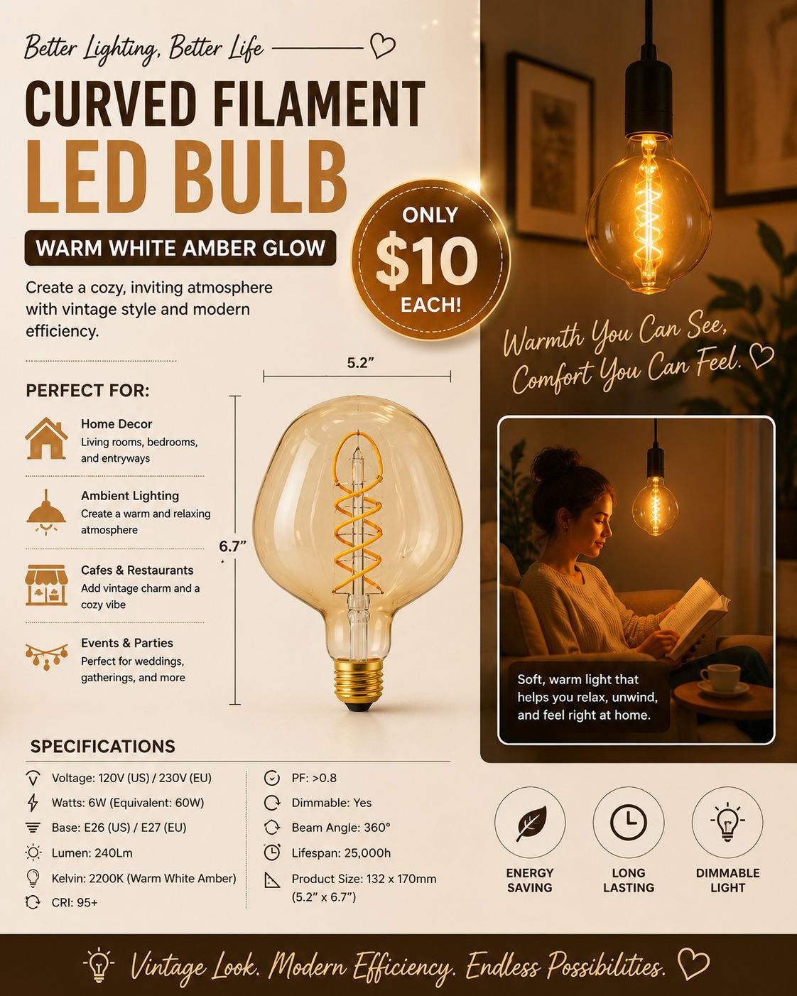 Curved Filament LED Edison Bulb – Warm White Amber Glow – $10 Each